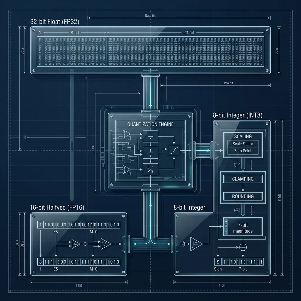 PGVector Scaling 2026 --" 2D Technical diagram showing the quantization pipeline: from 32-bit Float to 16-bit halfvec and 8-bit Integer