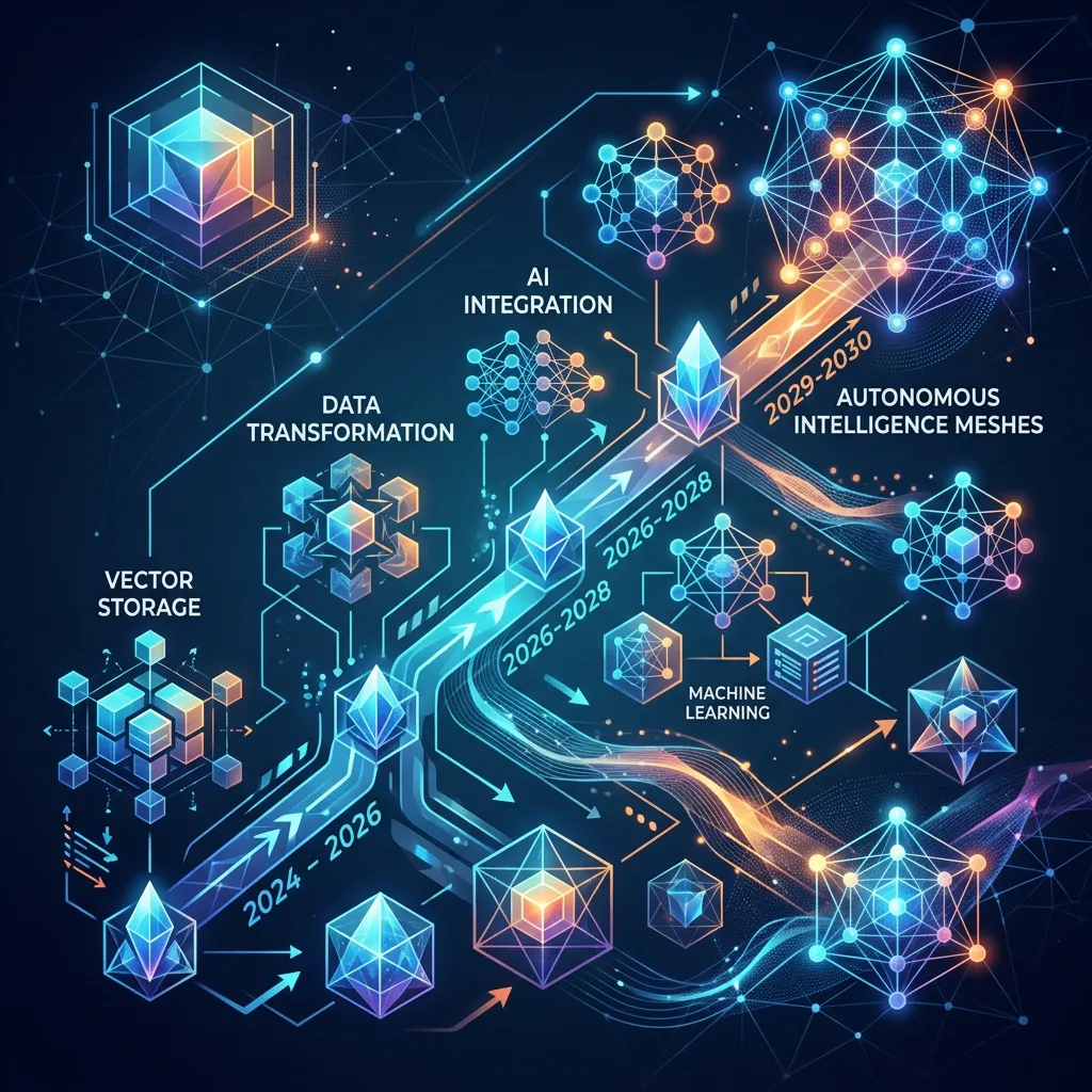 PGVector Scaling 2026 --" 2D Futuristic roadmap infographic mapping the transition from Vector Storage to Autonomous Intelligence Meshes