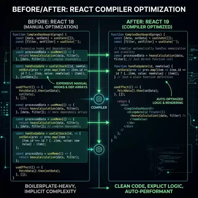 Before/After Comparison — Manual useMemo Boilerplate vs. Clean Compiler-ready Code — High-Contrast Code Delta