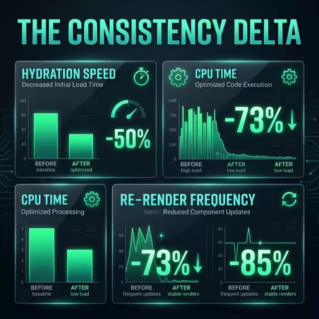 Hydration Delta Infographic — Performance Benchmarks: Manual vs. Compiled React 19 — High-Authority Data Visualization