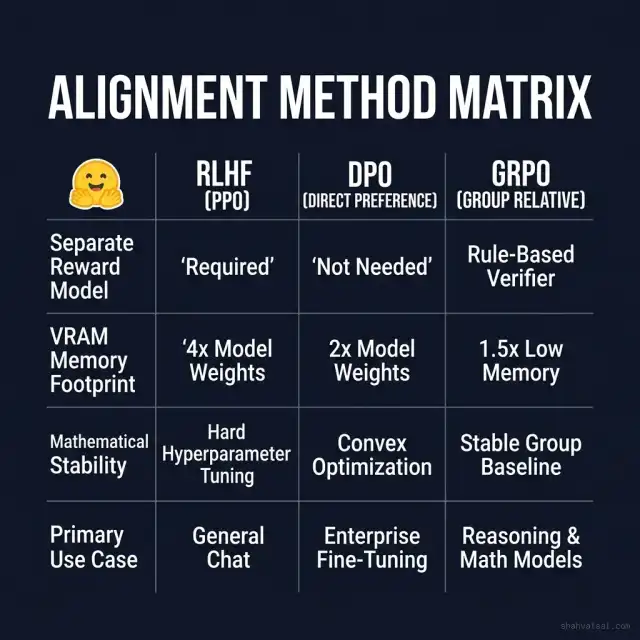 RLHF vs DPO vs GRPO Alignment Method Matrix Diagram