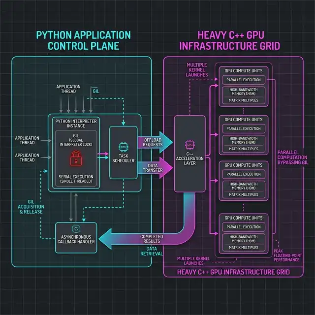 Python AI Orchestration 2026 --" 2D flow diagram of vLLM explicitly releasing the Python GIL to execute