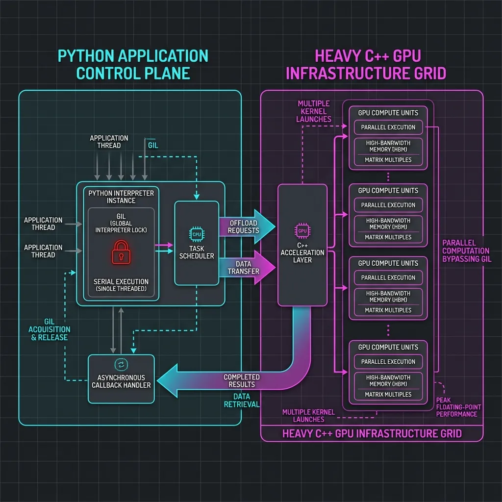 Python AI Orchestration 2026 --" 2D flow diagram of vLLM explicitly releasing the Python GIL to execute
