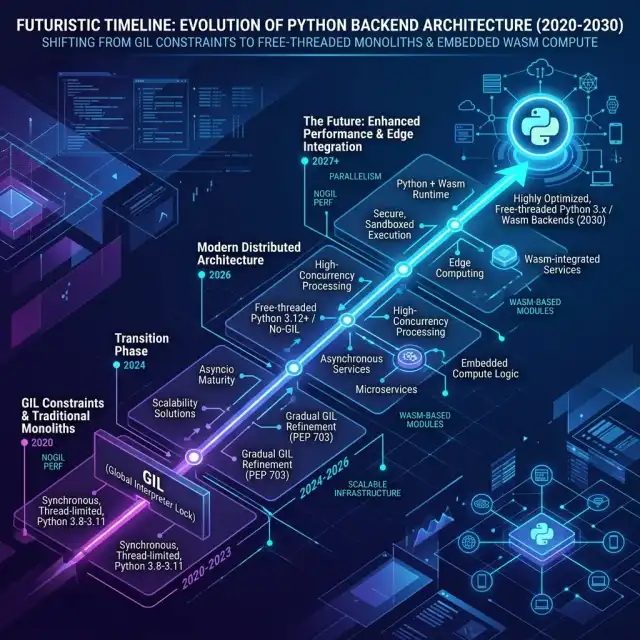 Python AI Orchestration 2026 --" 2D vector timeline illustrating Python's trajectory towards No-GIL implementations by 2030