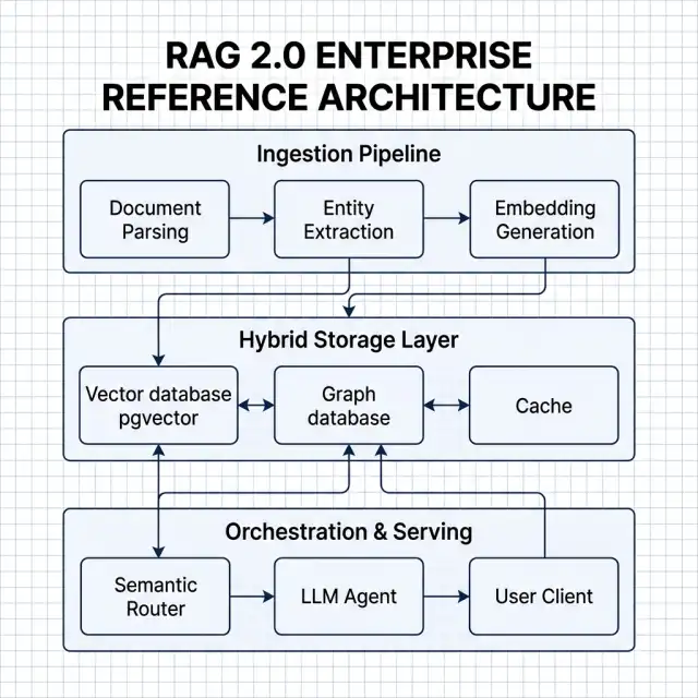 RAG 2.0 Enterprise Reference Architecture — Visualizing the ingestion pipeline, the hybrid storage layer combining vector database, graph database, and semantic caches, and the orchestration layer managing queries. Vercel 2026