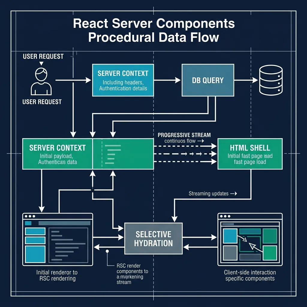 Industrial Process Mapping: The React Server Components (RSC) Procedural Data Flow (Request -> Server Logic -> Progressive Streaming -> Selective Hydration)