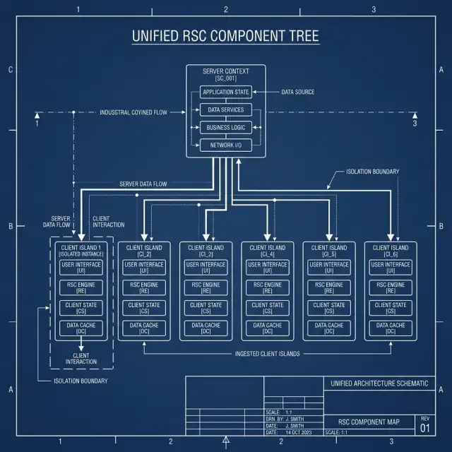 Industrial Diagram: The Unified RSC Component Tree (Server Context -> Ingested Client Islands)