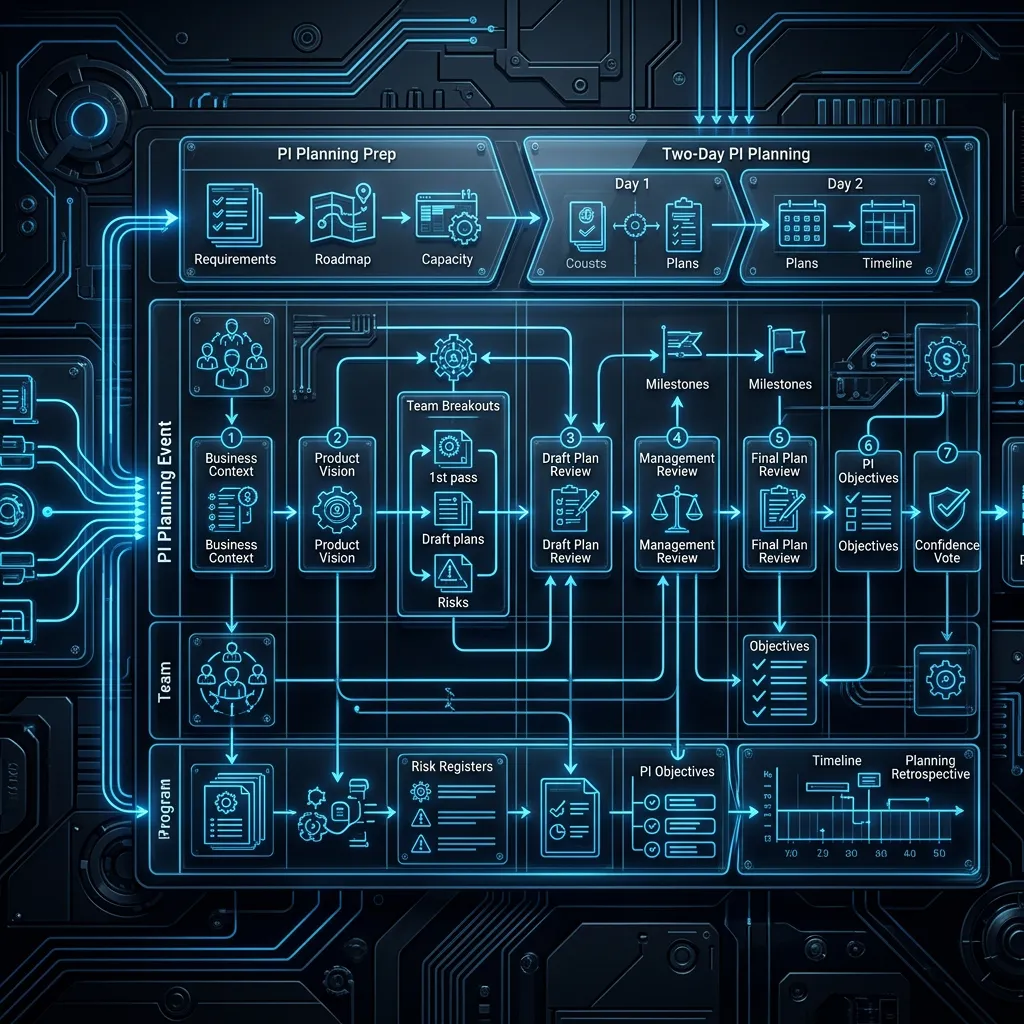 SAFe 6.0 Complete Guide --" 2D technical sequence diagram showing Interaction between Business Owners, RTE, Teams, and Product Managers for PI Planning