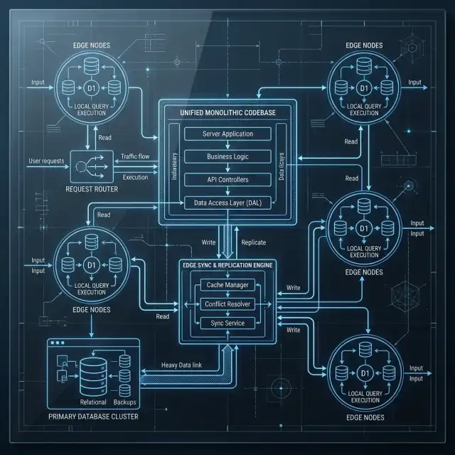 The Death of Legacy Microservices --" 2D Logic flow for Edge Database (D1/Turso) integration with the monolithic codebase