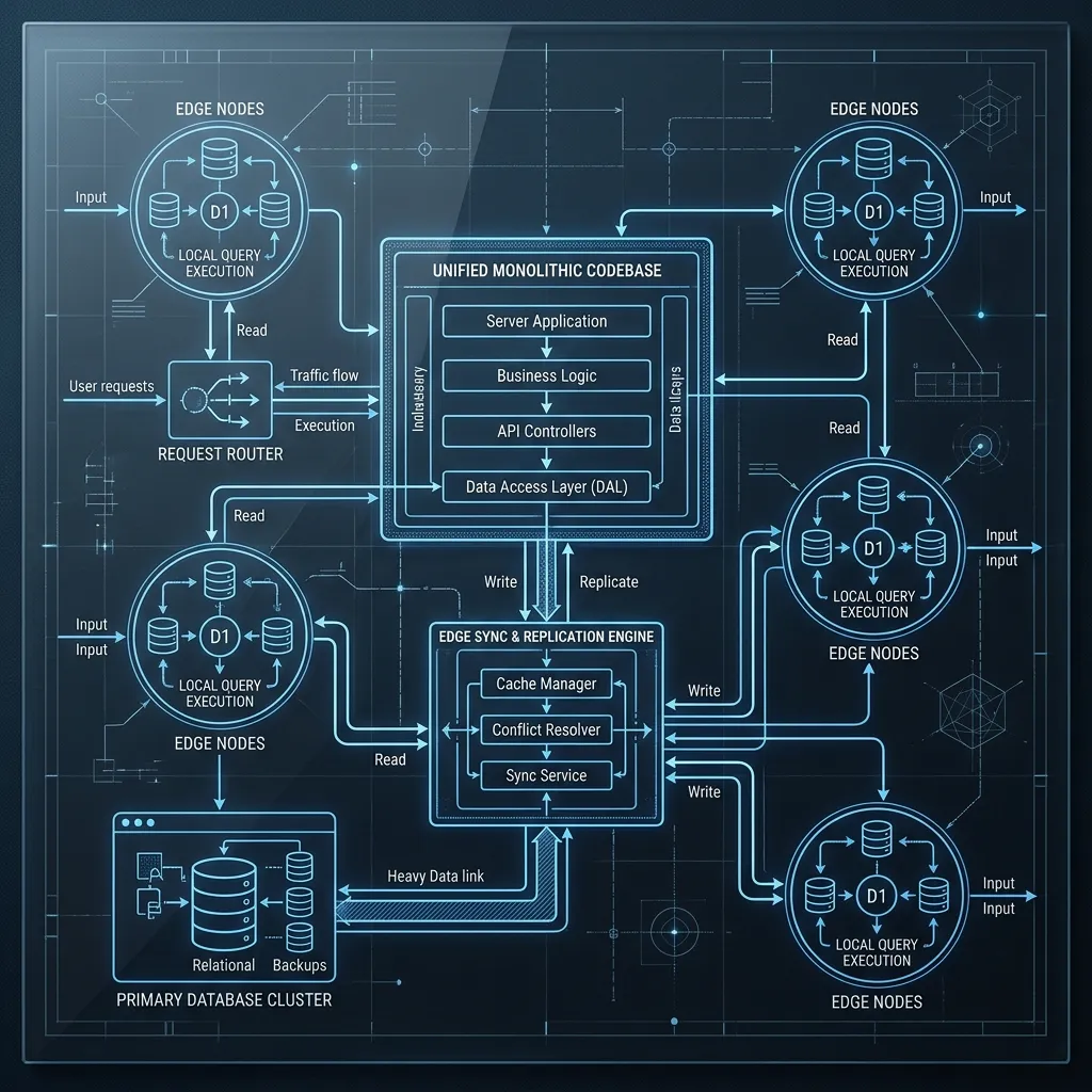 The Death of Legacy Microservices --" 2D Logic flow for Edge Database (D1/Turso) integration with the monolithic codebase