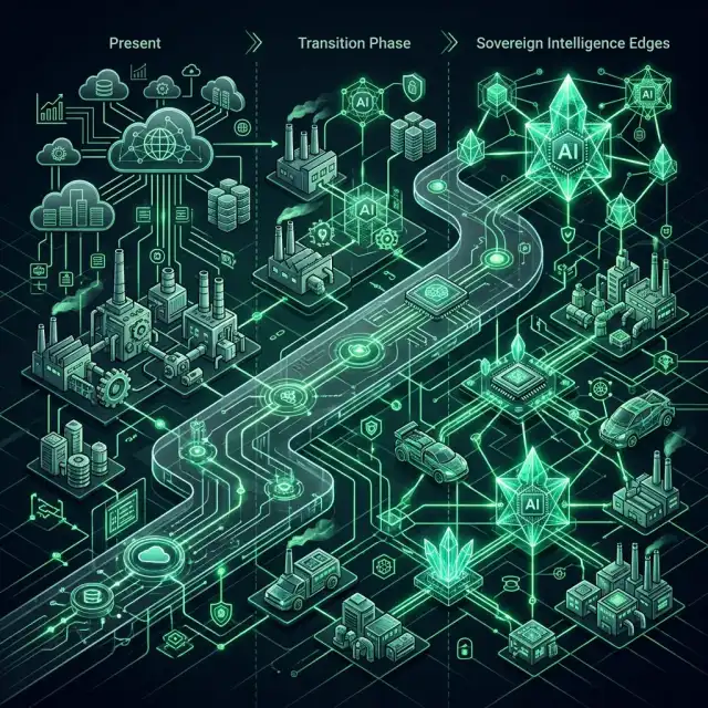 The Death of Legacy Microservices --" 2D professional technical roadmap infographic mapping the transition from '2025: Backend Fragmentation' to '2030: Sovereign Intelligence Edges'