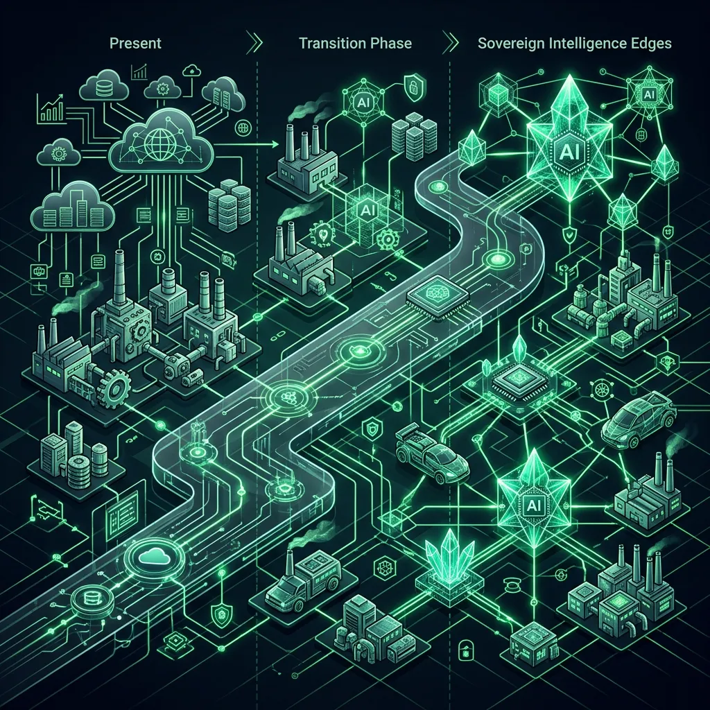 The Death of Legacy Microservices --" 2D professional technical roadmap infographic mapping the transition from '2025: Backend Fragmentation' to '2030: Sovereign Intelligence Edges'