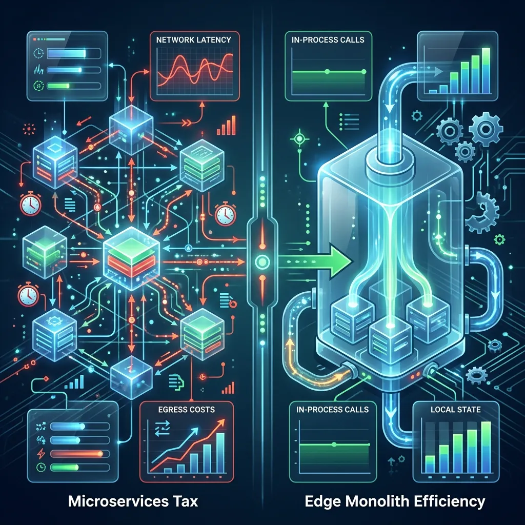 The Death of Legacy Microservices --" 2D Data visual quantifying the Cost and Latency 'Tax' of microservices vs. Edge Monoliths