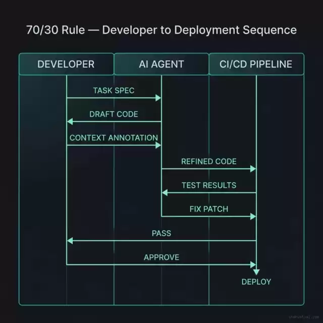 70/30 Rule — Developer to Deployment Sequence: swim-lane diagram showing Developer, AI Agent, and CI/CD Pipeline interactions