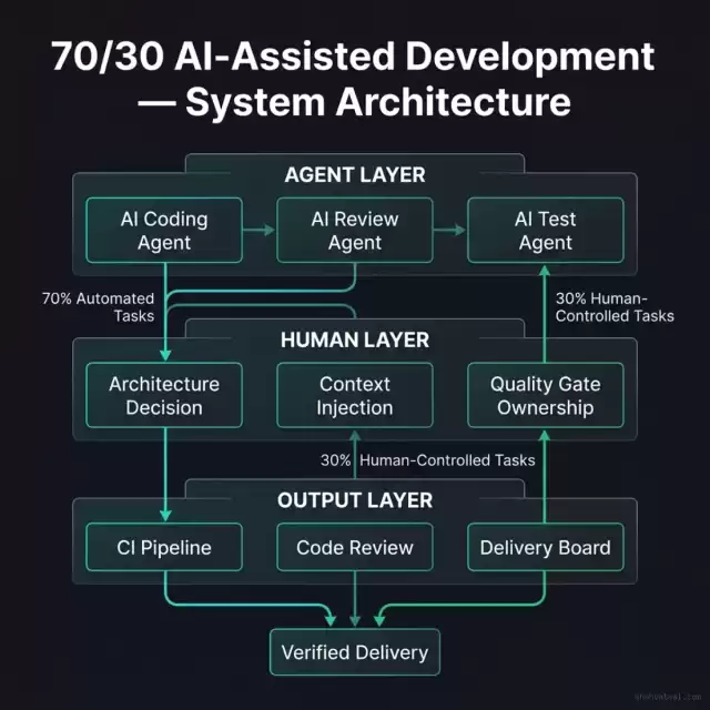 70/30 AI-Assisted Development — Full System Architecture showing Agent Layer, Human Layer, and Output Layer with verified delivery convergence