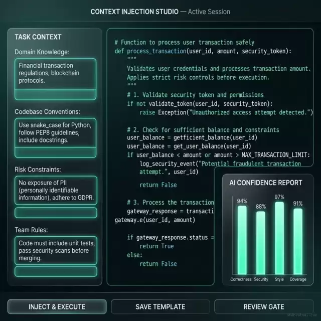 AI Context Injection Studio UI — showing Task Context form, code editor with AI output, and AI Confidence Report panel