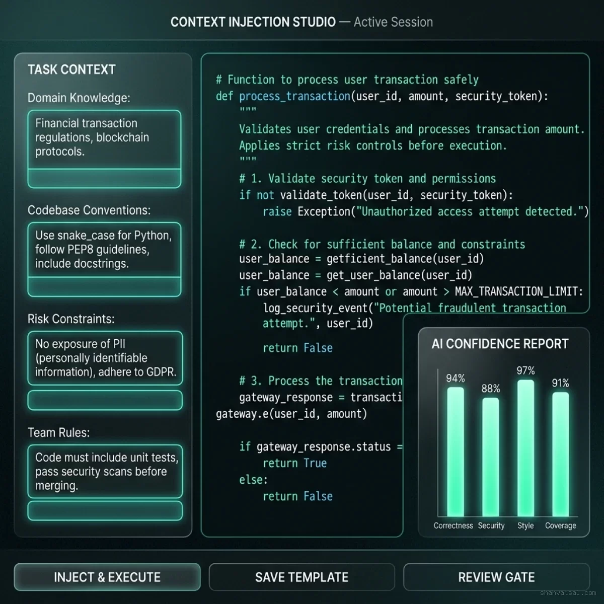 AI Context Injection Studio UI — showing Task Context form, code editor with AI output, and AI Confidence Report panel
