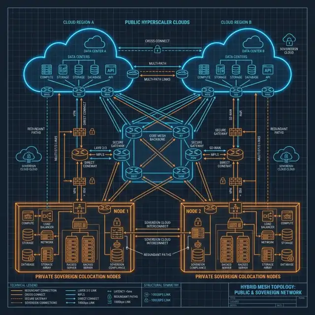 Sovereign Architecture 2026 --" 2D Technical Blueprint mapping the topology of Public Cloud + Private Colocation