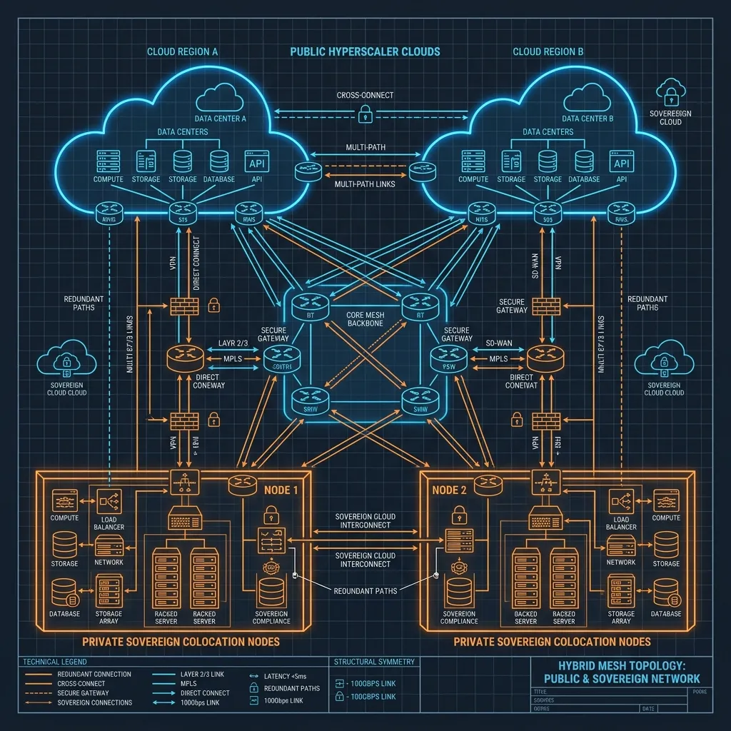 Sovereign Architecture 2026 --" 2D Technical Blueprint mapping the topology of Public Cloud + Private Colocation