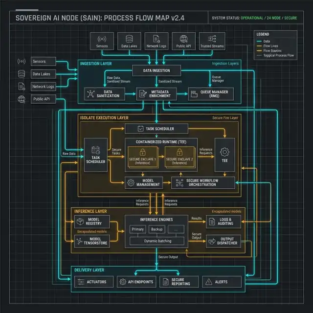 Sovereign Architecture 2026 --" 2D Logic Flow of a Sovereign AI Node (Ingestion -> Isolate -> Inference)