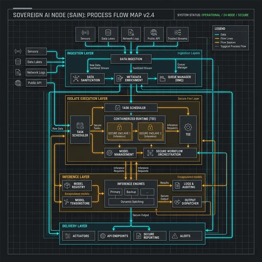 Sovereign Architecture 2026 --" 2D Logic Flow of a Sovereign AI Node (Ingestion -> Isolate -> Inference)