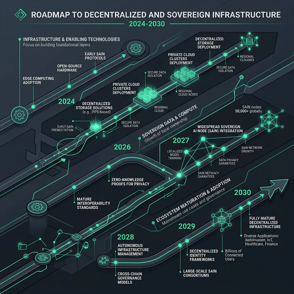 Sovereign Architecture 2026 --" Futuristic evolution timeline visual mapping the shift toward decentralized infrastructure