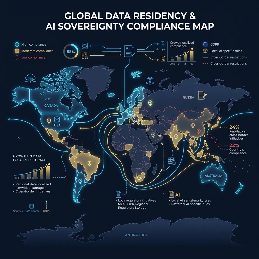 Sovereign Architecture 2026 --" 2D Data visual showing global residency regulations and compliance mapping