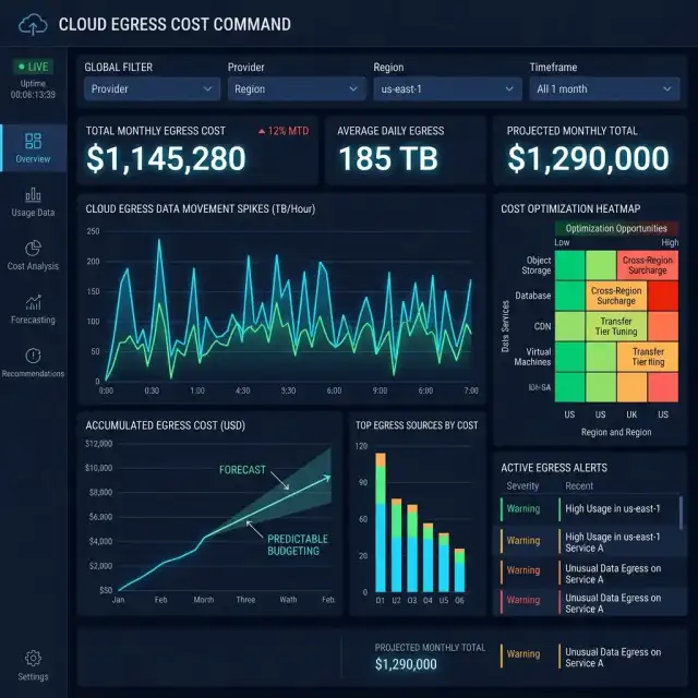 Sovereign Architecture 2026 --" 2D Industrial UI dashboard showing real-time egress cost forecasting