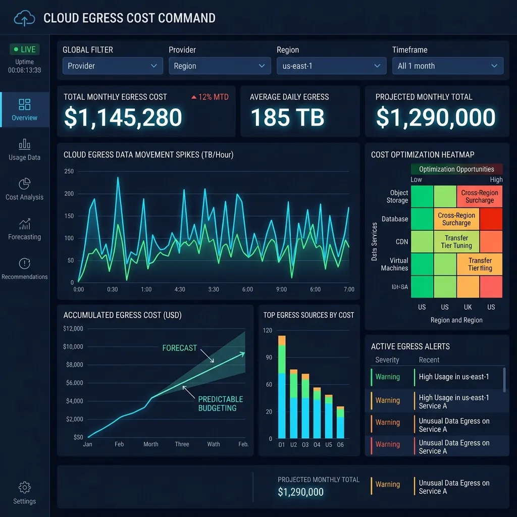 Sovereign Architecture 2026 --" 2D Industrial UI dashboard showing real-time egress cost forecasting