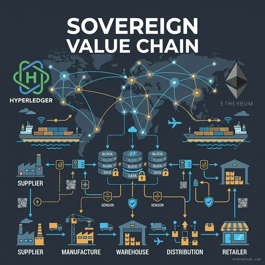 Sovereign Value Chain -- 2D industrial banner showcasing container ships, digital network nodes, and global ledger connections