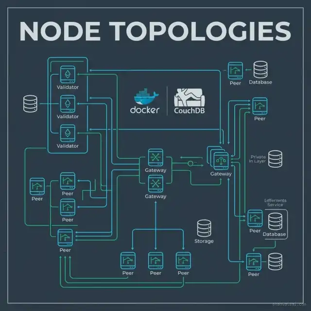 Node Topologies -- 2D schematic diagram detailing the layout of validators, peers, gateways, and cloud nodes