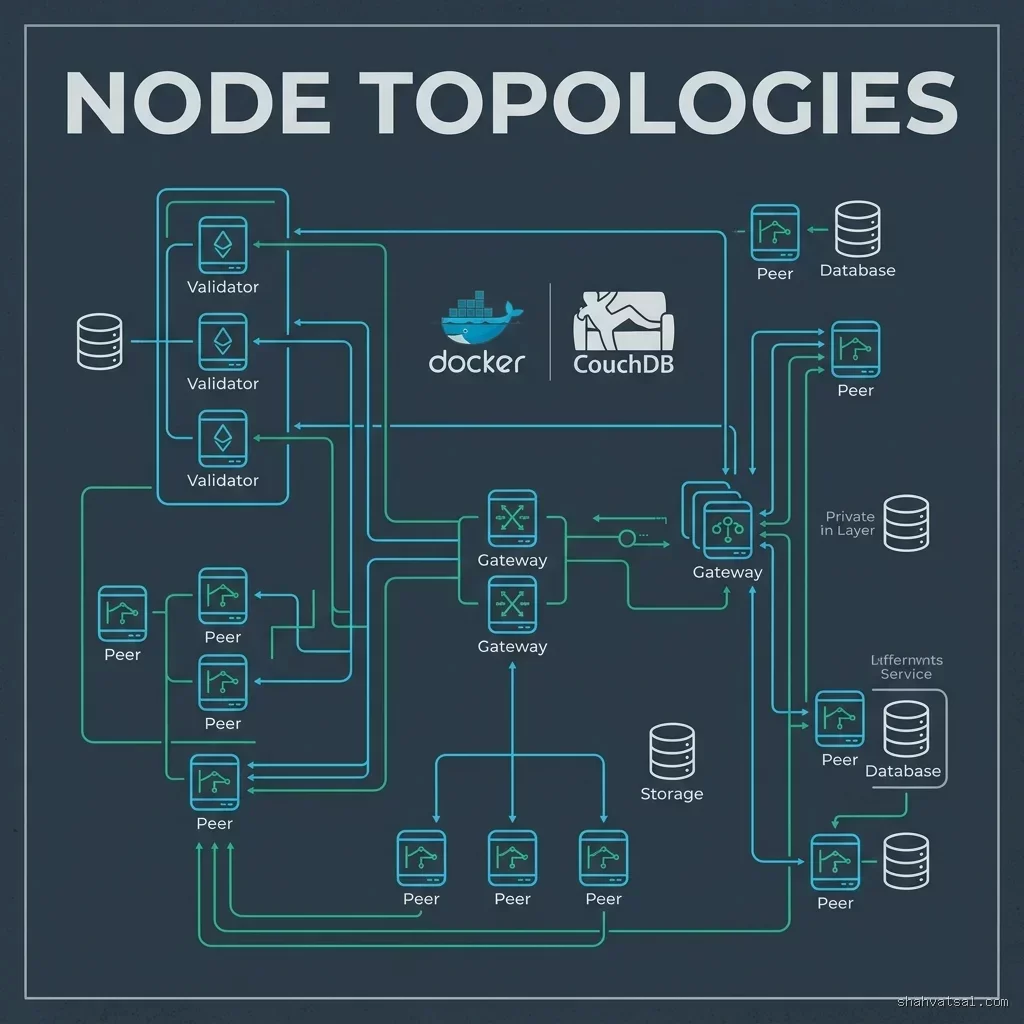 Node Topologies -- 2D schematic diagram detailing the layout of validators, peers, gateways, and cloud nodes