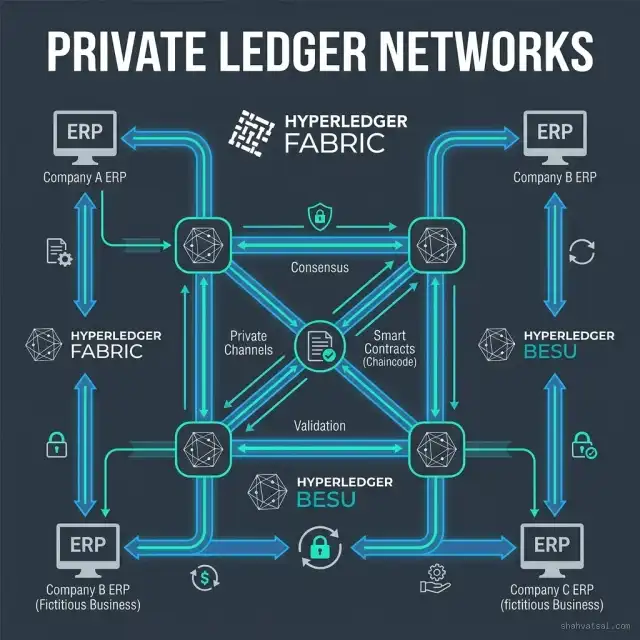 Private Ledger Networks -- 2D technical diagram showcasing private nodes, consensus boundaries, and secure enterprise integration channels