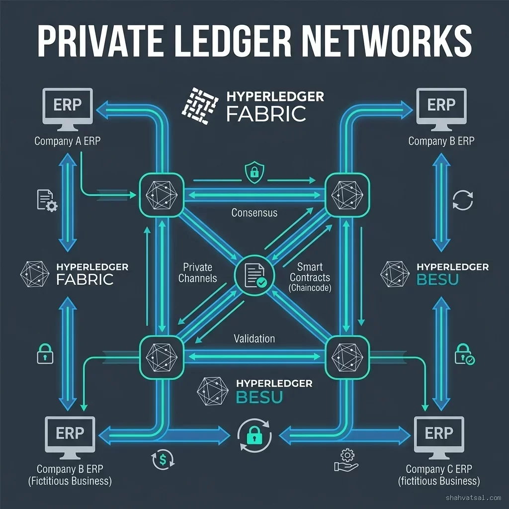 Private Ledger Networks -- 2D technical diagram showcasing private nodes, consensus boundaries, and secure enterprise integration channels