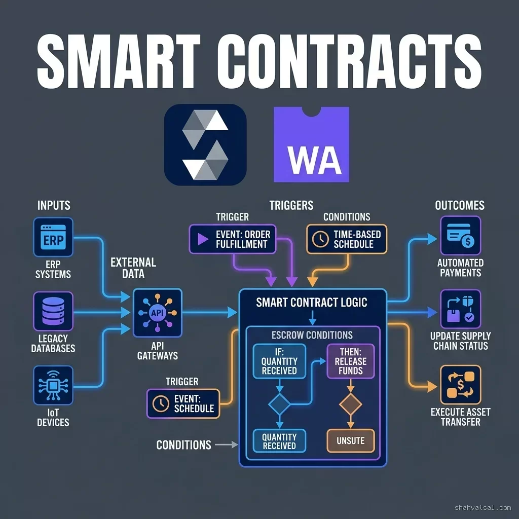 Smart Contracts -- 2D schematic outlining transactional triggers, escrow logic, and API hooks