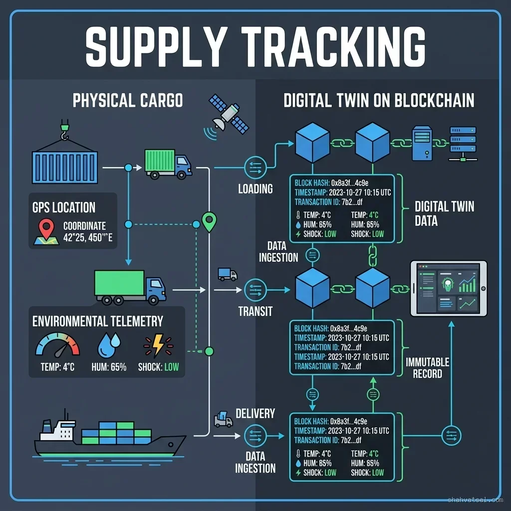Supply Tracking -- 2D logical infographic mapping transaction logs, block hashes, and physical assets to digital states