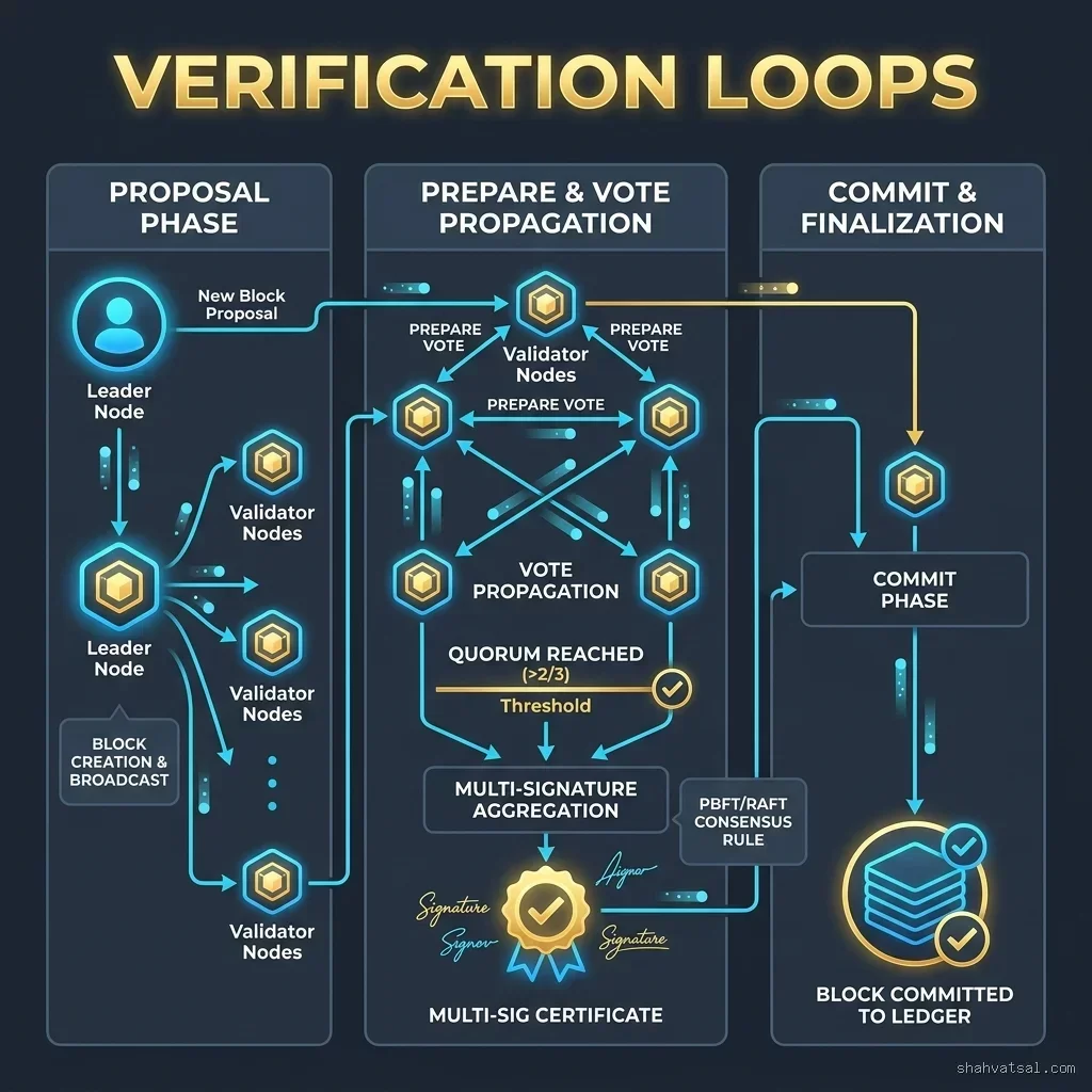 Verification Loops -- 2D industrial logic flowchart detailing transaction validation, signature loops, and block writing steps
