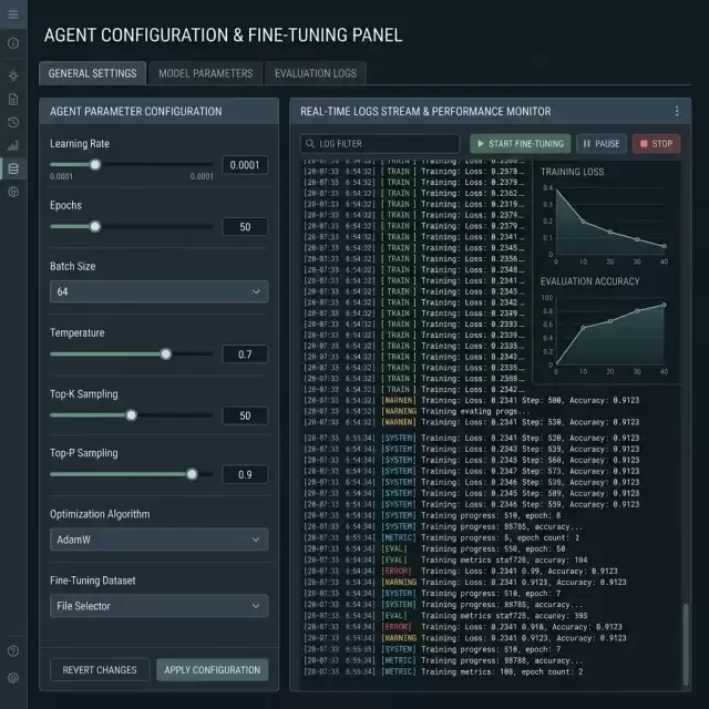 UI Screenshot: Agent configuration and fine-tuning panel