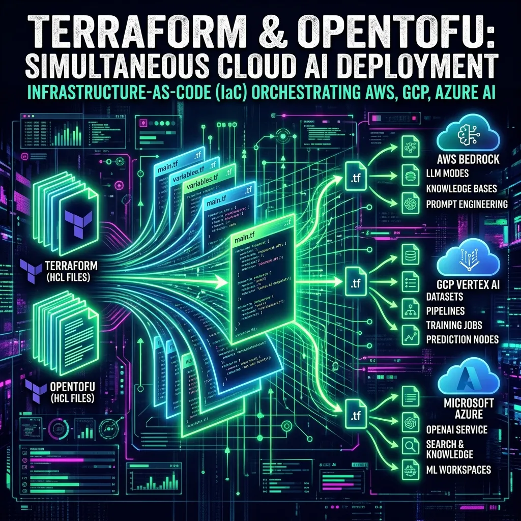 Diagram of three cloud provider logos connected by glowing grid lines to a central block representing a Terraform module