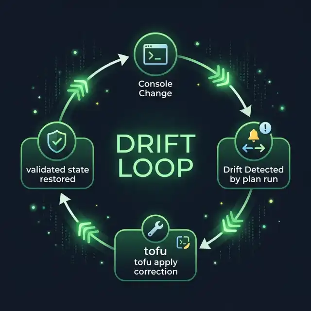 Remediation loop diagram from console change to tofu apply correction