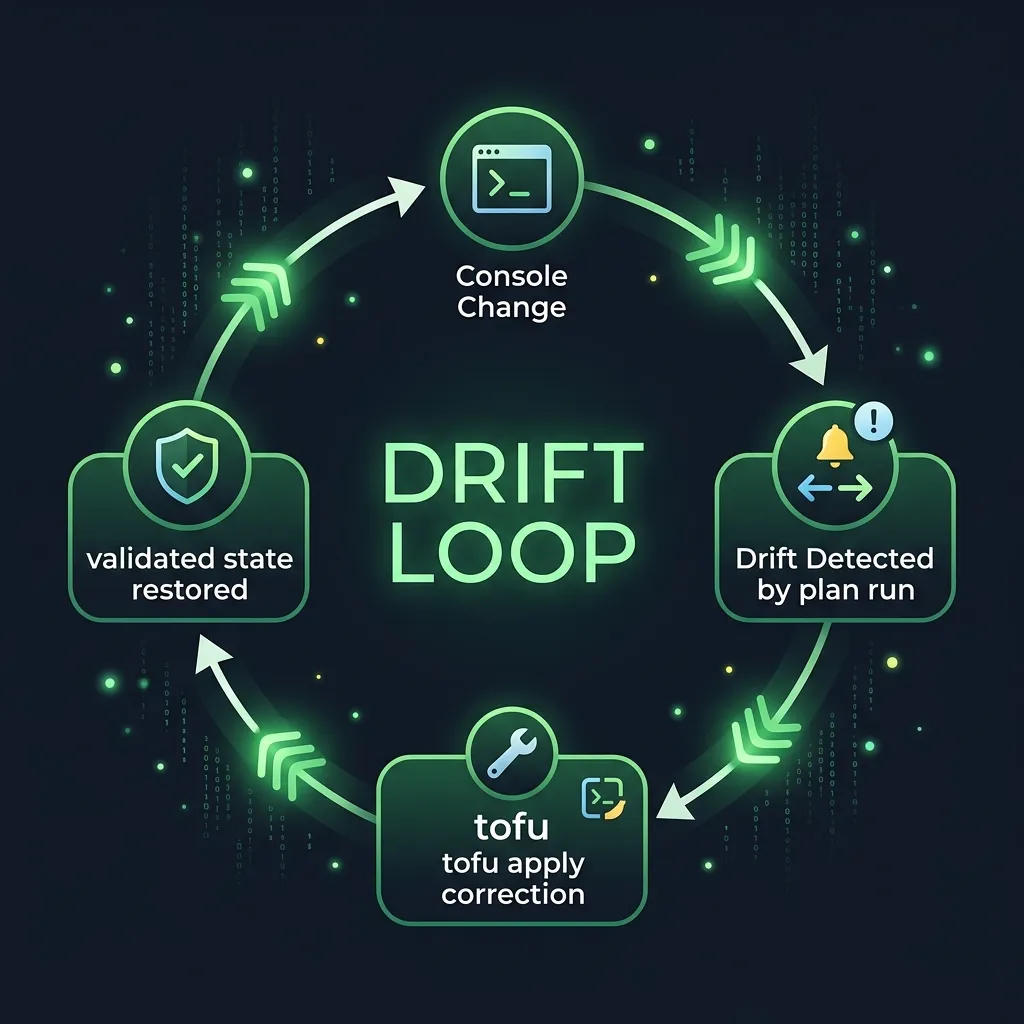 Remediation loop diagram from console change to tofu apply correction