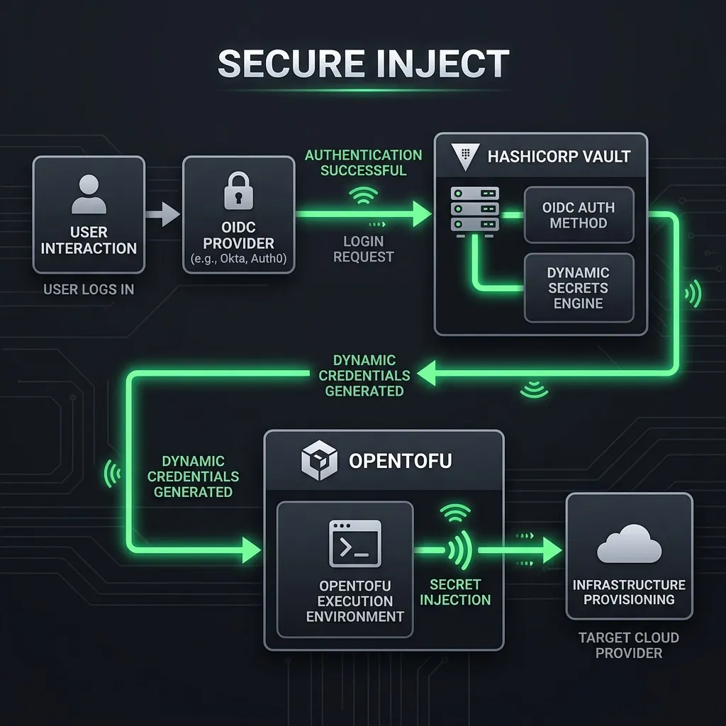 Flowchart showing secrets injection from Vault into OpenTofu workspaces