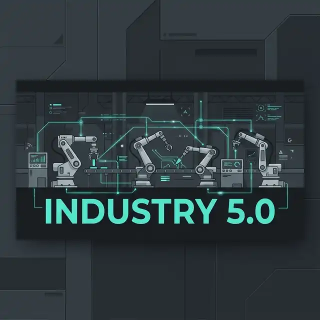 Sleek modern factory floor with glowing data lines linking robotic arms