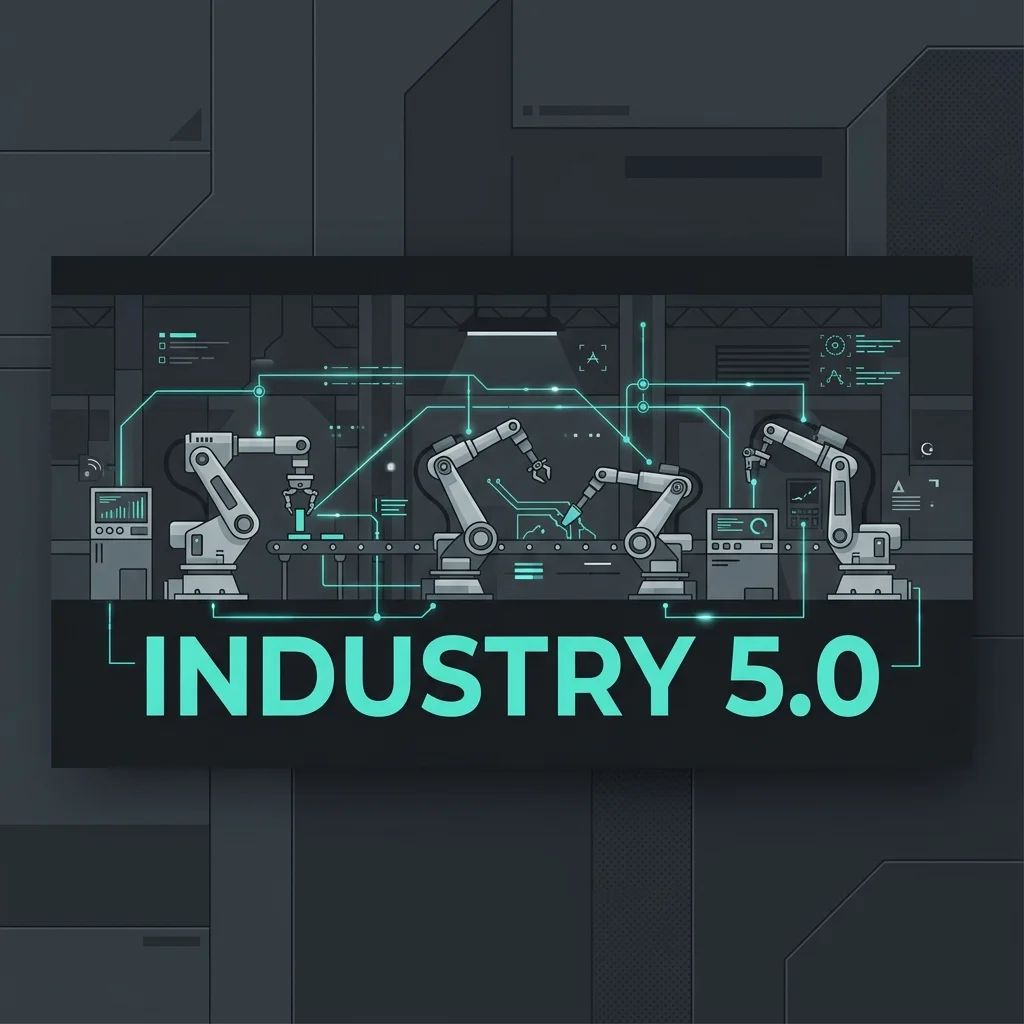 Sleek modern factory floor with glowing data lines linking robotic arms