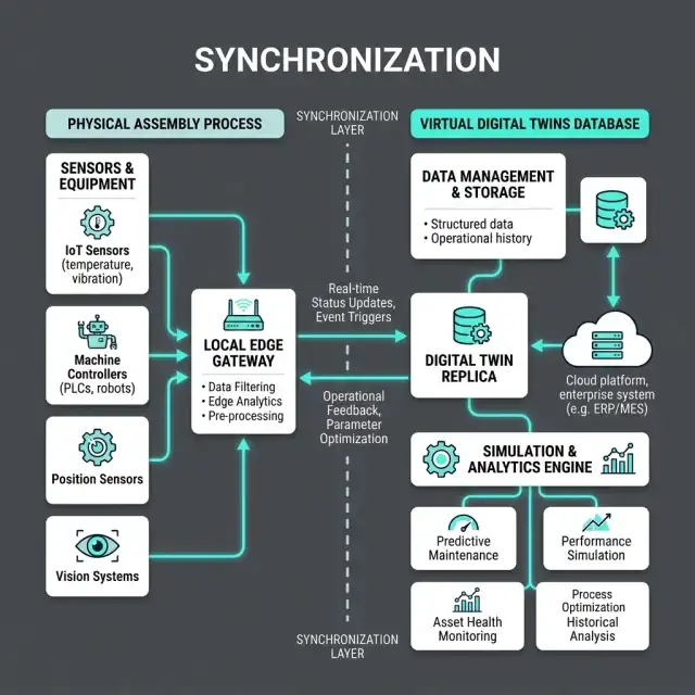 System data flow from physical sensors through digital twin to agent execution loops