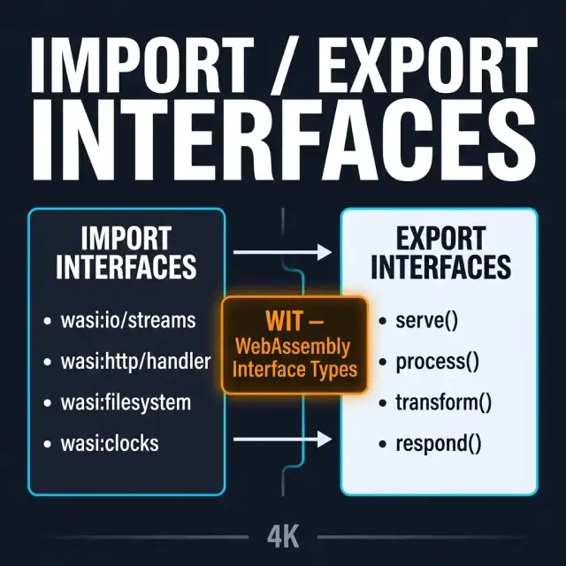 Import and Export Interfaces — Diagram showing WIT import and export interface definitions with wasi:http, wasi:keyvalue flowing into component boundary, and serve, process, transform, respond functions flowing out