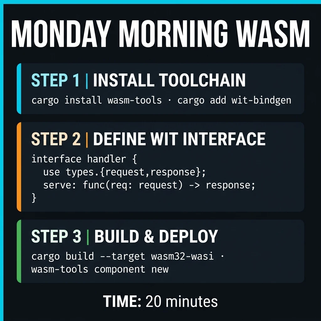 Monday Morning WASM Steps — Three-step diagram: Install toolchain, Define WIT interface, Build and deploy, with actual commands shown