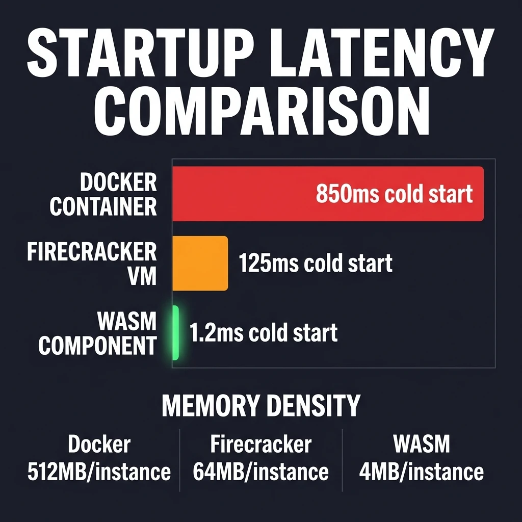 Startup Latency Benchmark — Bar chart comparing Docker at 850ms, Firecracker at 125ms, Wasm Component at 1.2ms cold start, with memory density comparison below