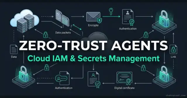 Zero Trust AI Agent Banner — Secure identity mesh showing IAM, Secrets, and Federated Identity connecting agents and cloud resources