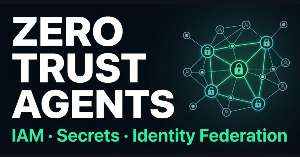 Zero Trust AI Agent Banner — Secure identity mesh showing IAM, Secrets, and Federated Identity connecting agents and cloud resources